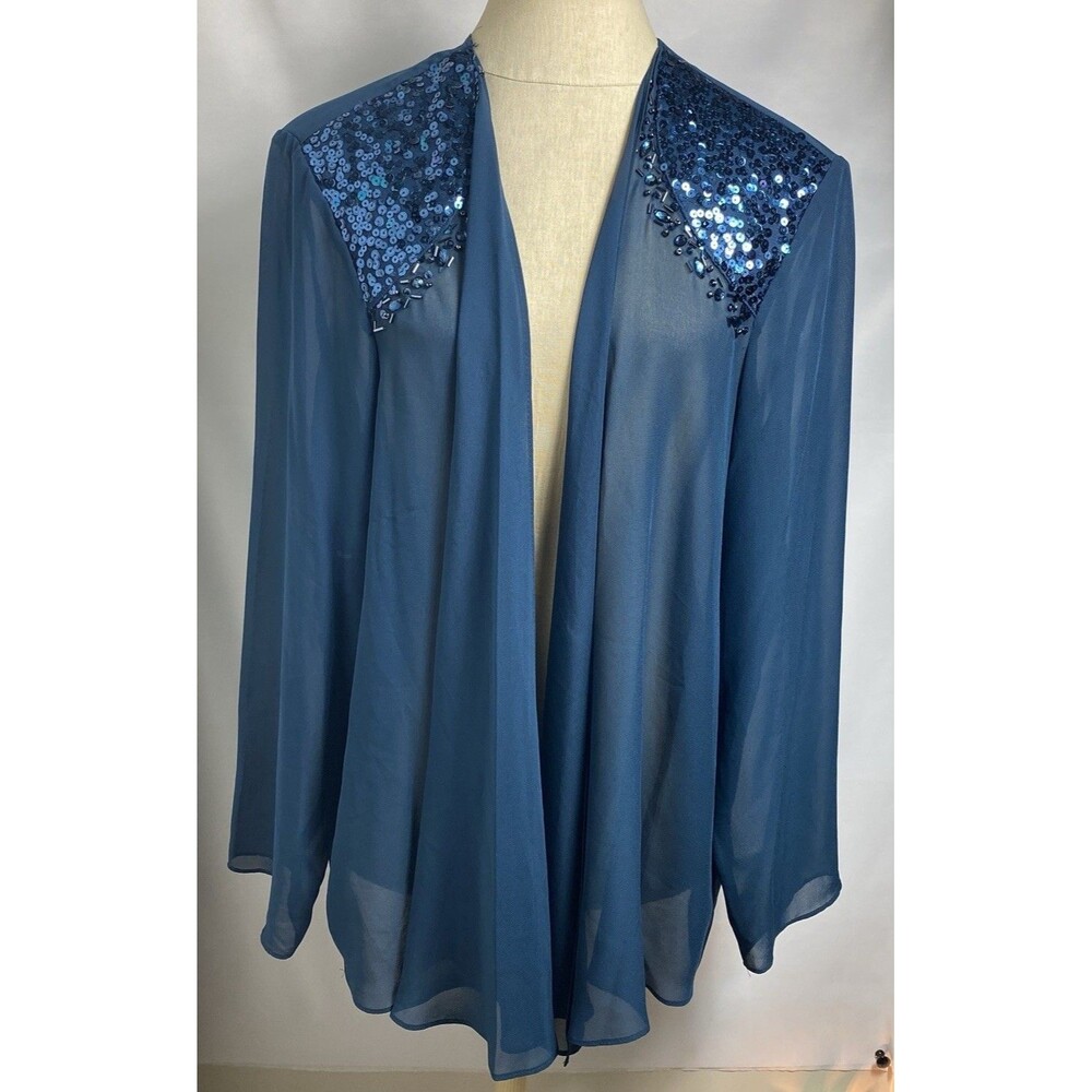 SLNY Women's Blue Beaded Sheer Long Sleeve Open Front Cardigan  Size 18W